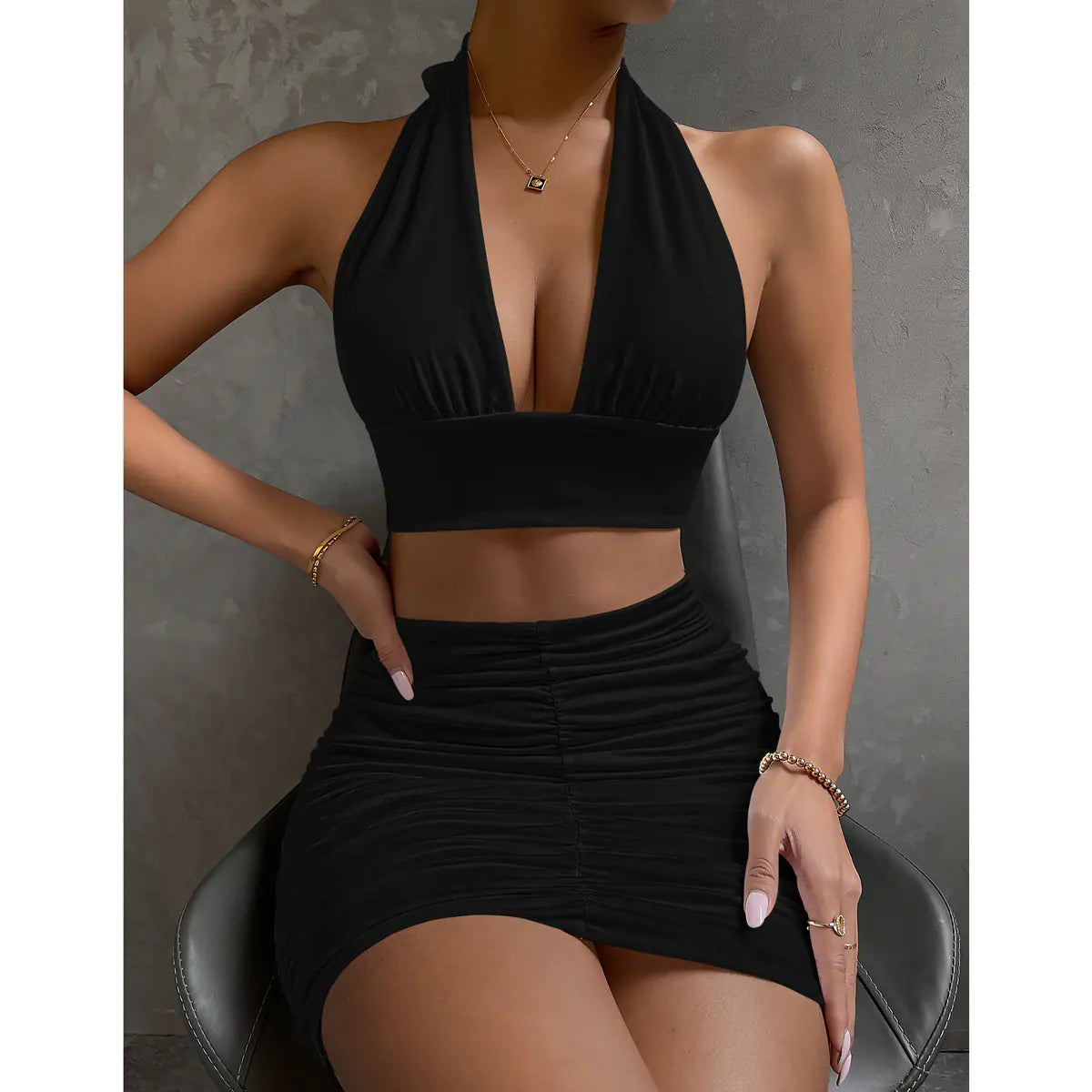 Ensemble robe dos nu croisée pour femme avec col en V
