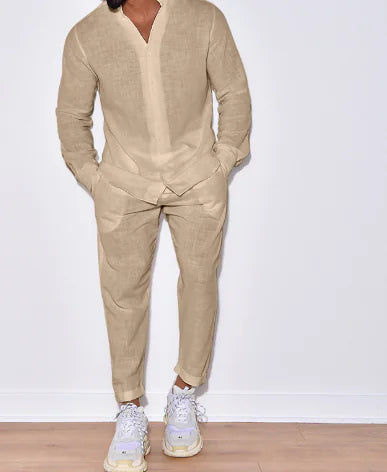 Ensemble en lin pour homme - combinaison à manches longues et pantalon