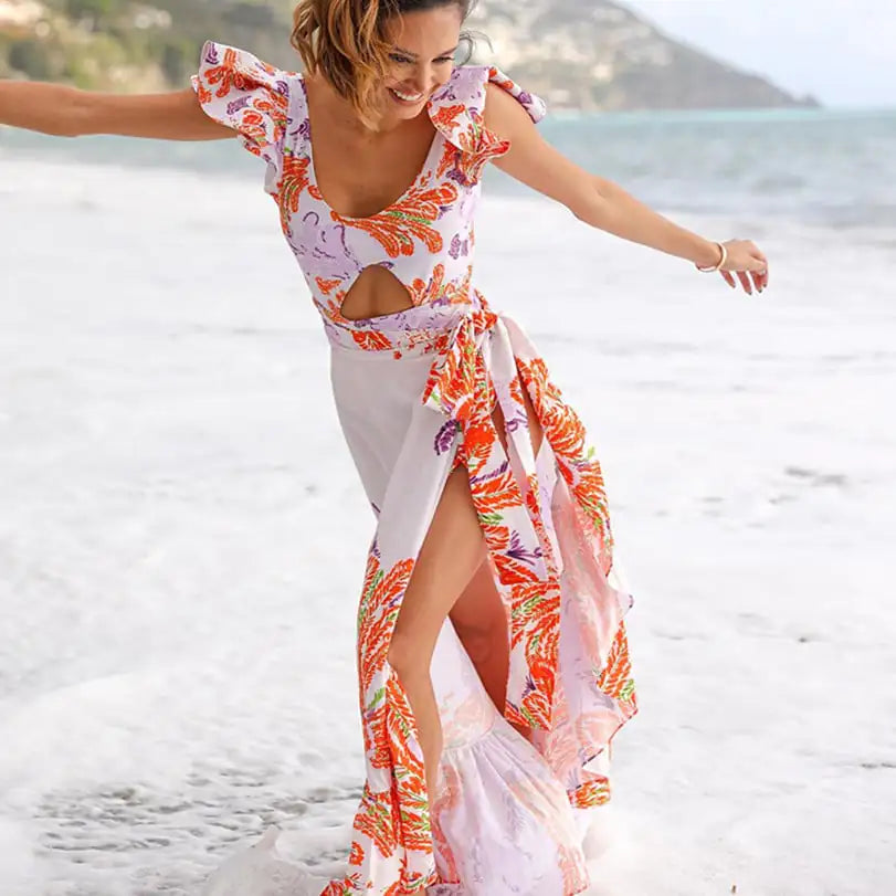 Maillot de bain une pièce à volants imprimé avec robe longue