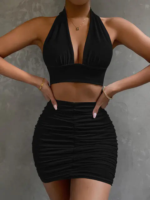 Ensemble robe dos nu croisée pour femme avec col en V