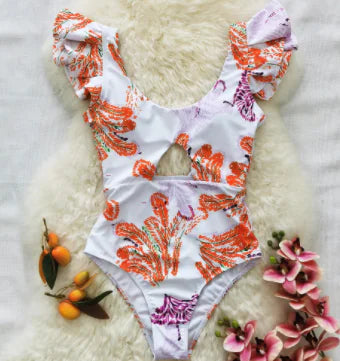 Maillot de bain une pièce à volants imprimé avec robe longue