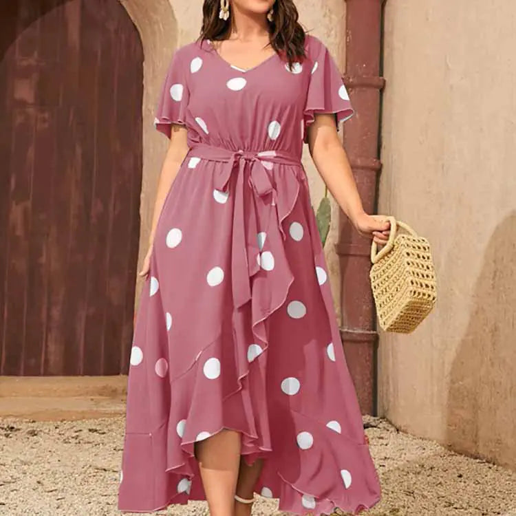Robe grande taille à pois, col en V, avec ceinture nouée, 4XL