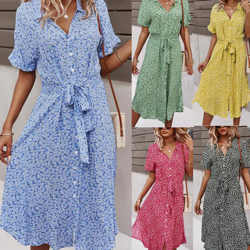 Robe mi-longue fleurie d'été à col en V pour femme