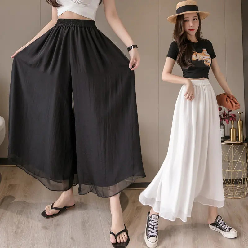 Pantalon large taille haute en mousseline pour femme