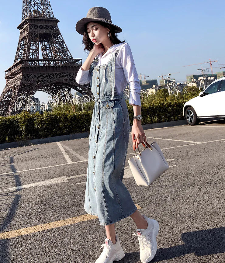 Robe en jean à bretelles boutonnées, robe salopette en jean