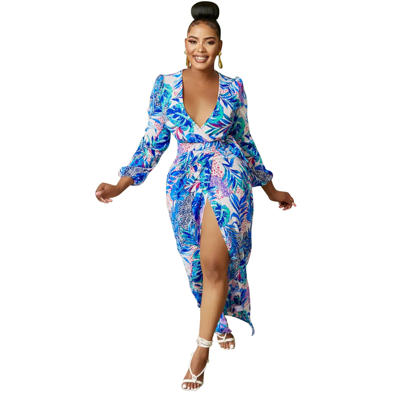 Robe imprimée à manches longues et col en V pour femme