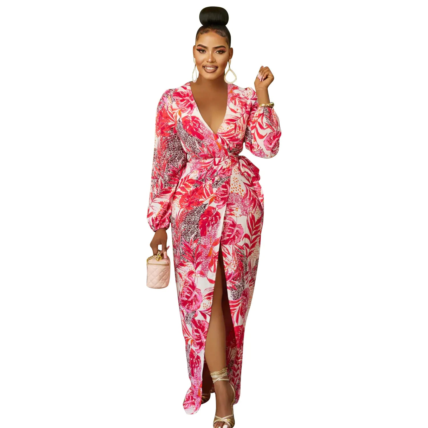 Robe imprimée à manches longues et col en V pour femme
