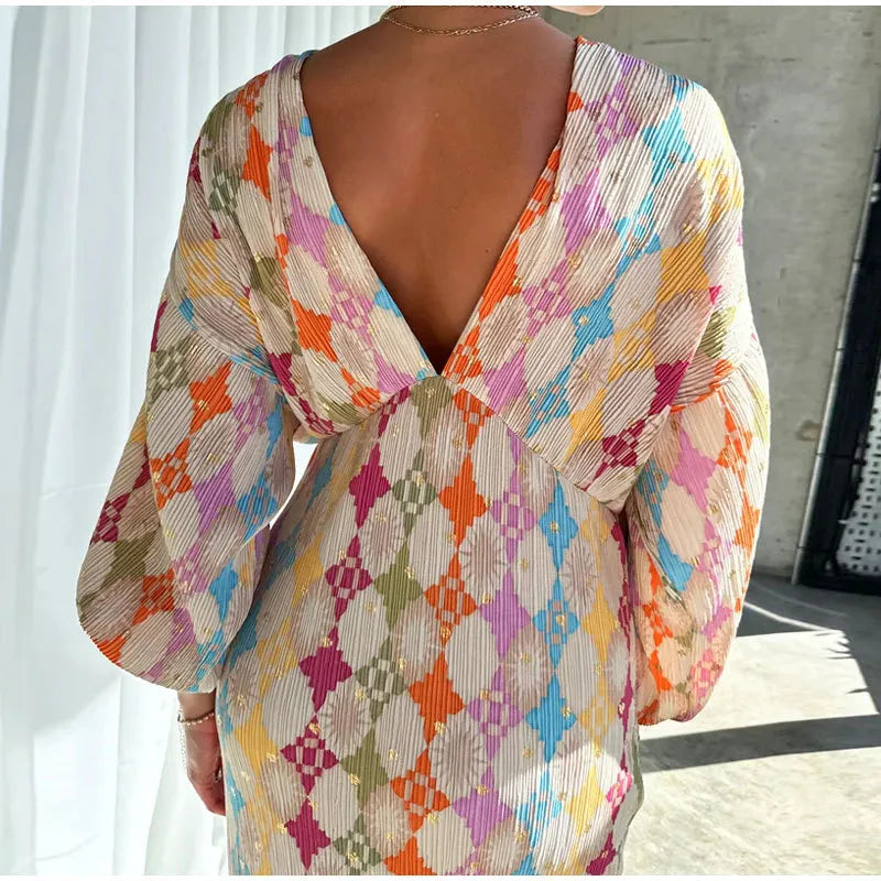 Robe imprimée rétro ample à manches lanternes et col en V