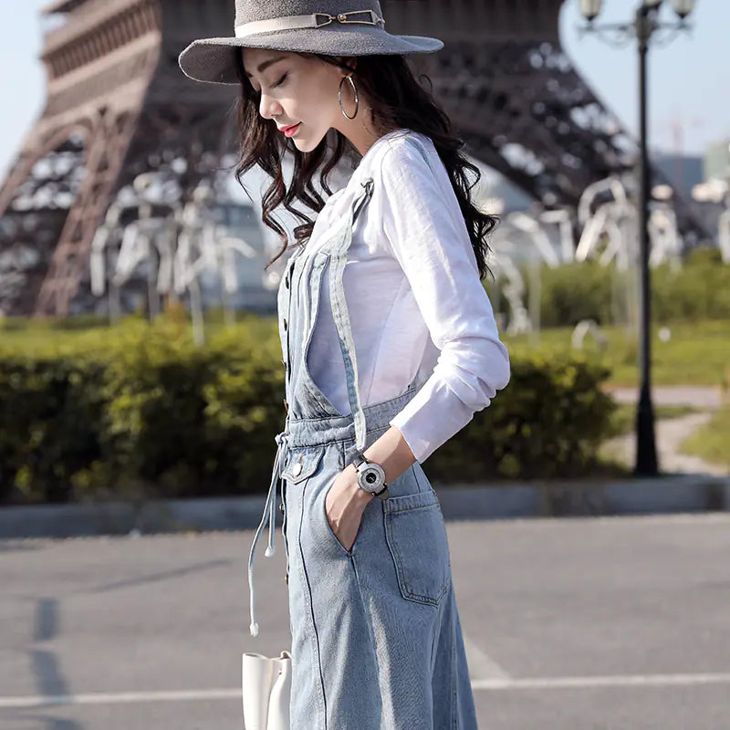 Robe en jean à bretelles boutonnées, robe salopette en jean