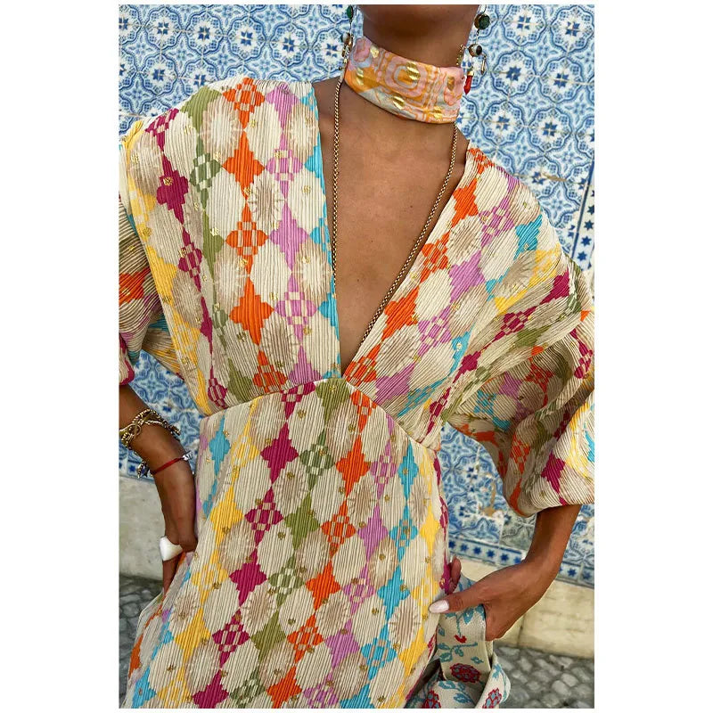 Robe imprimée rétro ample à manches lanternes et col en V
