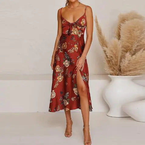 Robe longue à imprimé floral avec bretelles à volants et nœud