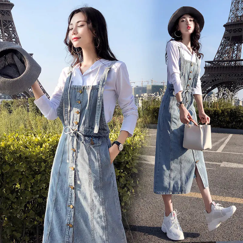 Robe en jean à bretelles boutonnées, robe salopette en jean