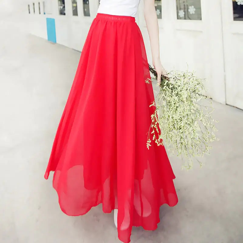 Jupe mi-longue taille haute en mousseline de soie
