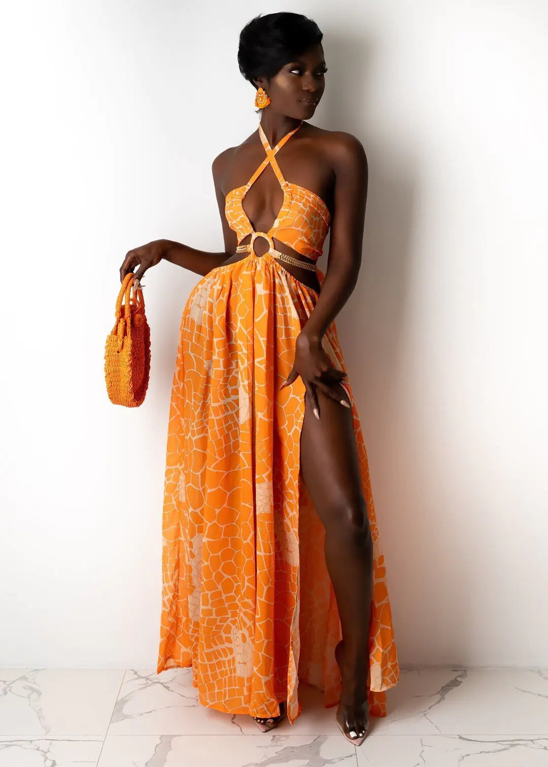 Robe dos nu imprimée sans manches pour femme