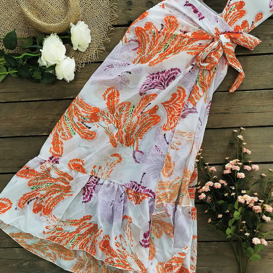Maillot de bain une pièce à volants imprimé avec robe longue