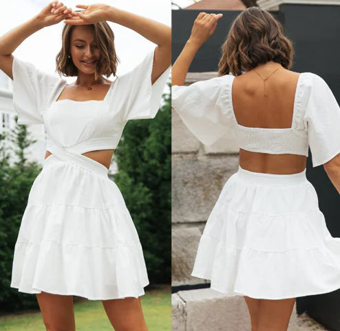 Robe d'été pour femme à manches bouffantes en dentelle