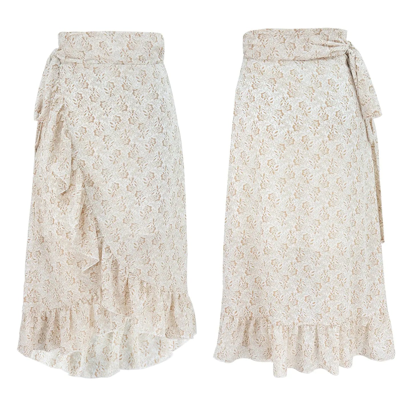 Jupe trapèze taille haute en mousseline de soie à volants et fleurs