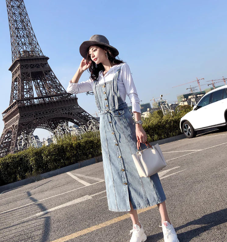 Robe en jean à bretelles boutonnées, robe salopette en jean