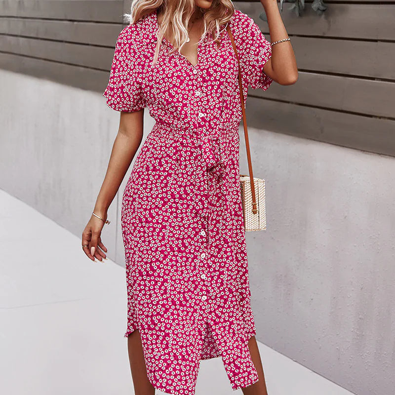 Robe mi-longue fleurie d'été à col en V pour femme