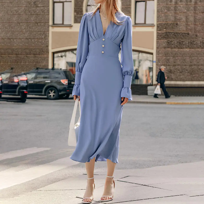 Robe à manches lanternes et col en V - Style rétro élégant