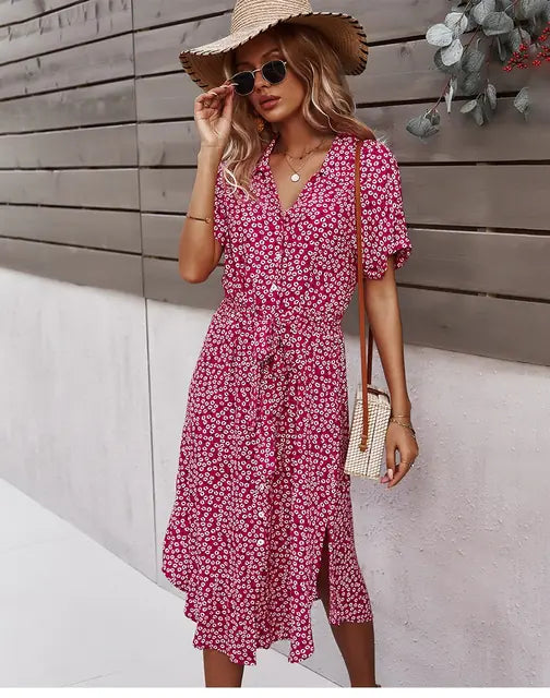 Robe mi-longue fleurie d'été à col en V pour femme