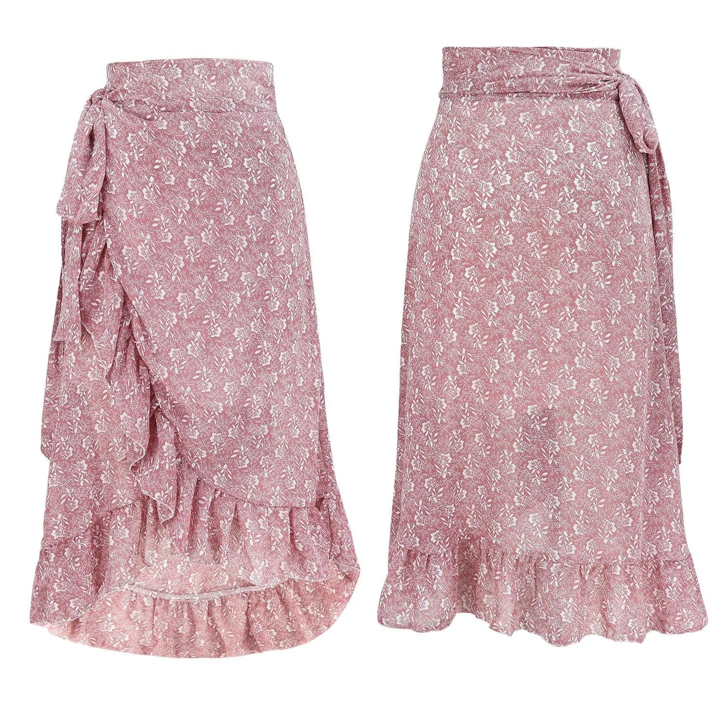 Jupe trapèze taille haute en mousseline de soie à volants et fleurs