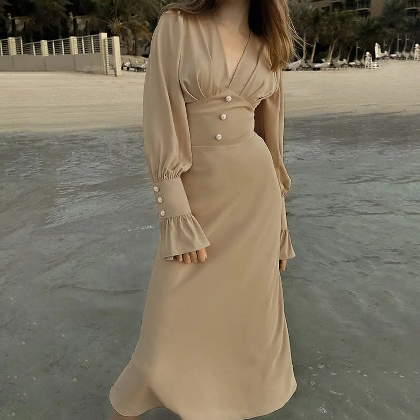 Robe à manches lanternes et col en V - Style rétro élégant