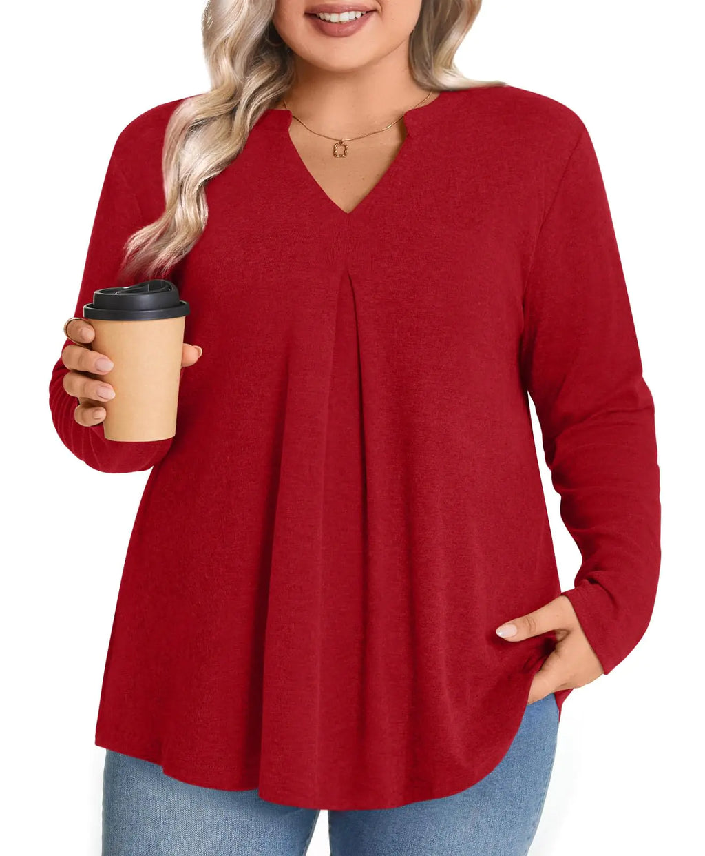 POPYOUNG Women's Plus Size Casual Tunic Henley Long Sleeve Winter Tunic Tops Red XL