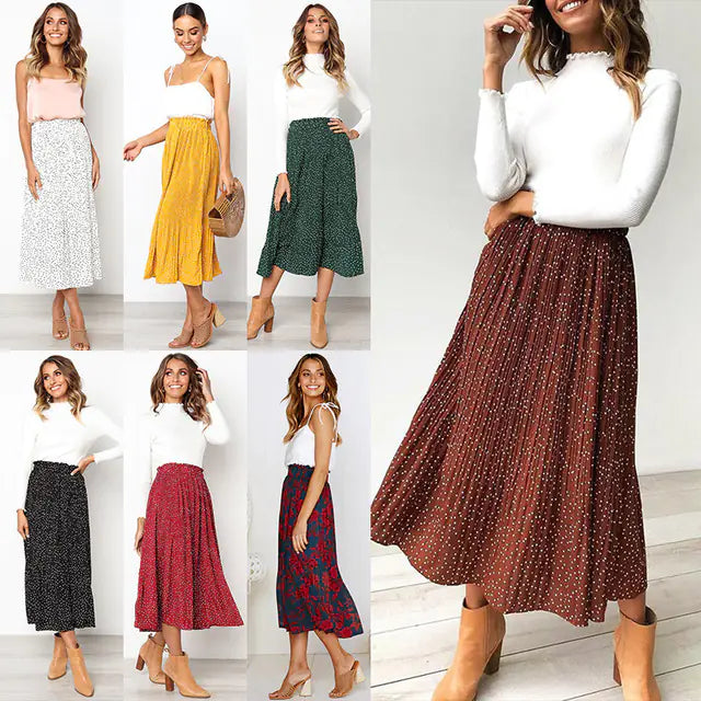 Jupe midi plissée à pois tendance avec poches
