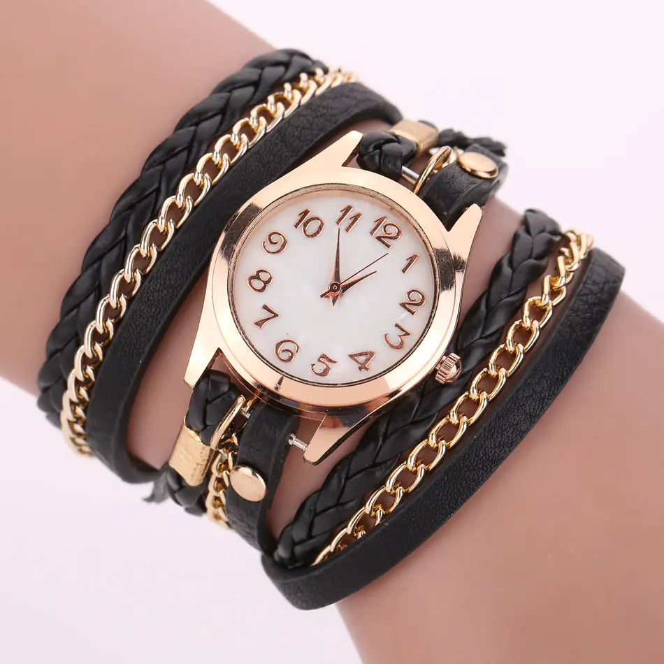 Montre-bracelet en cuir synthétique tissé avec chaîne à quartz