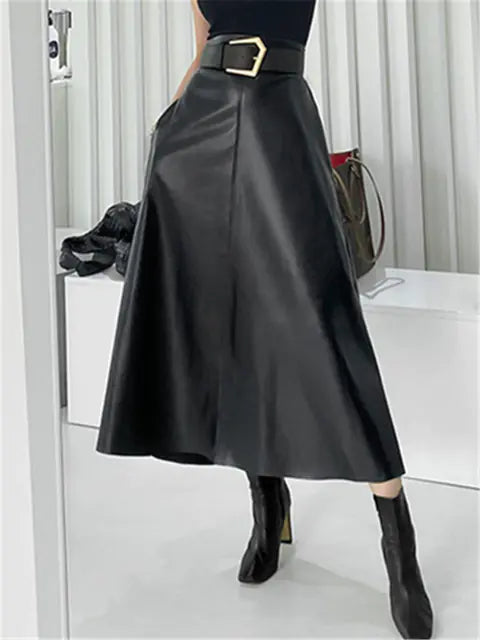 Jupe longue classique en similicuir avec ceinture