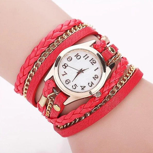 Montre-bracelet en cuir synthétique tissé avec chaîne à quartz