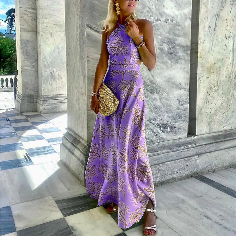 Robe midi imprimée dos nu pour femme