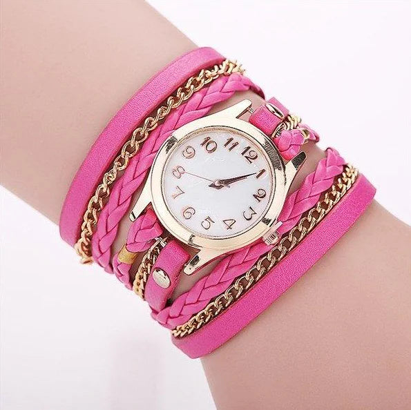 Montre-bracelet en cuir synthétique tissé avec chaîne à quartz