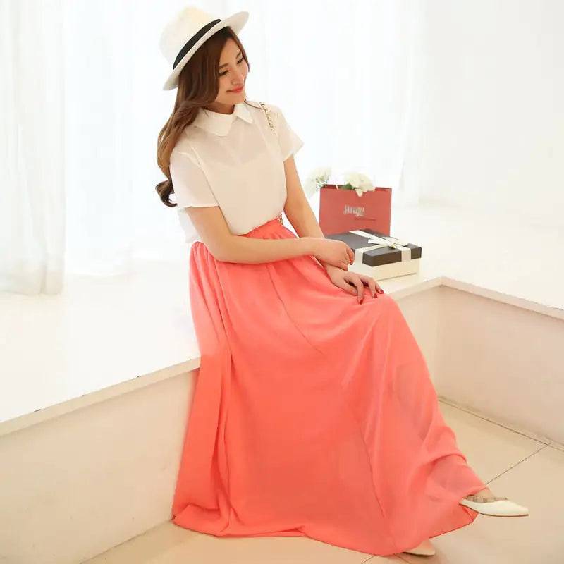 Jupe mi-longue taille haute en mousseline de soie