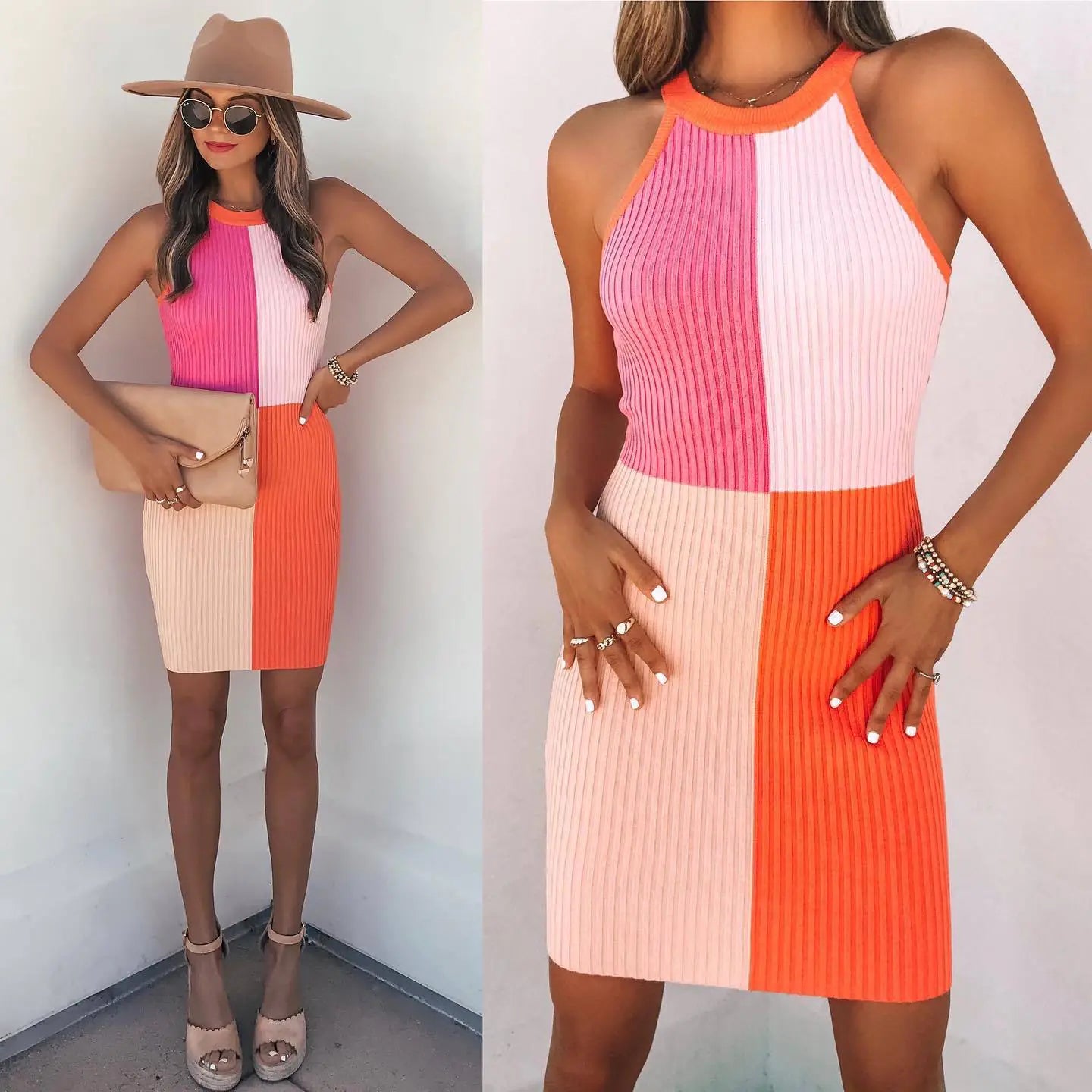 Robe extensible sans manches à col ras du cou et à effet cache-cœur