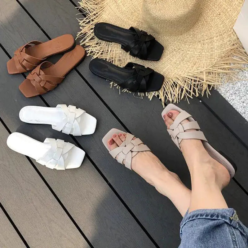 Sandales plates décontractées à bout ouvert pour femmes, pantoufles de plage