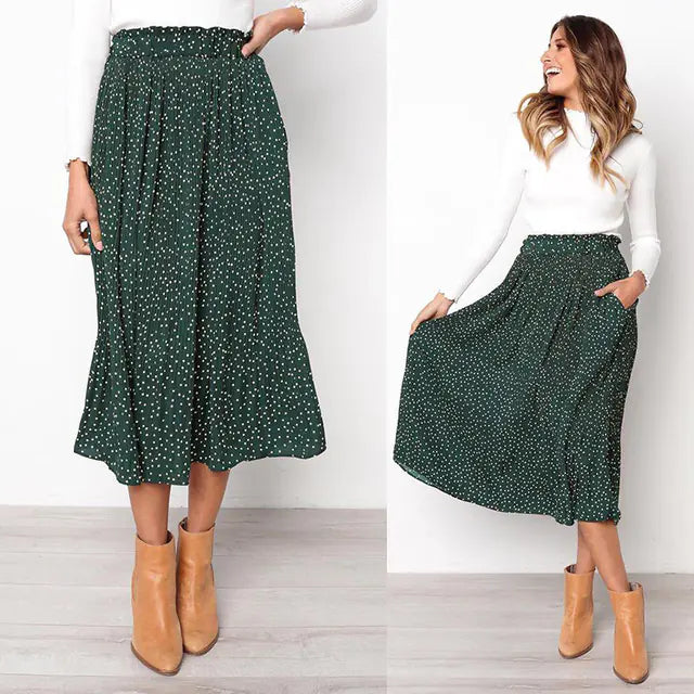 Jupe midi plissée à pois tendance avec poches