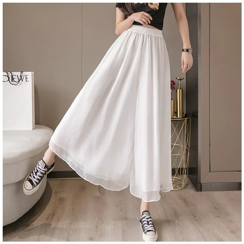 Pantalon large taille haute en mousseline pour femme