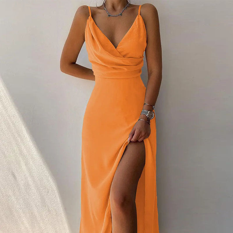 Robe longue à imprimé tropical avec col en V et fente