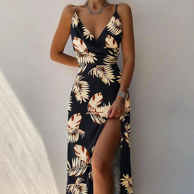 Robe longue à imprimé tropical avec col en V et fente
