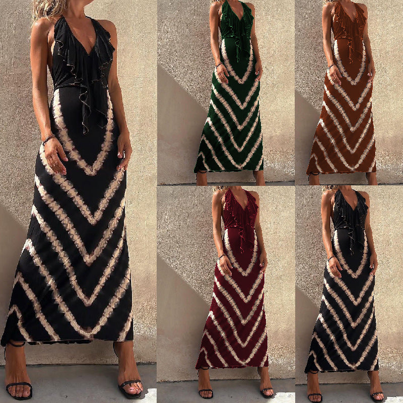 Robe longue sans manches à col en V et imprimé