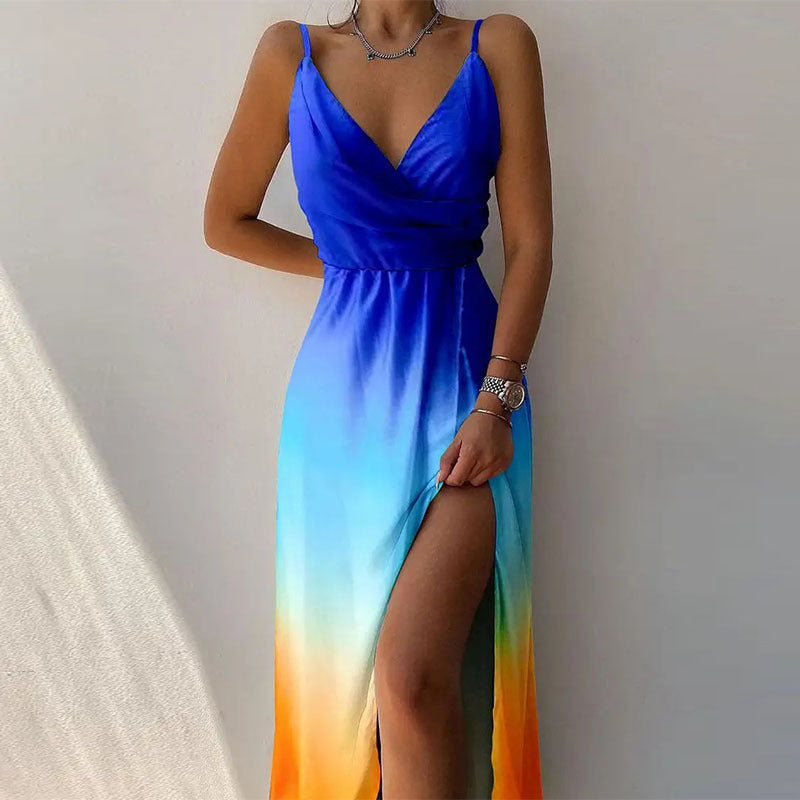 Robe longue à imprimé tropical avec col en V et fente