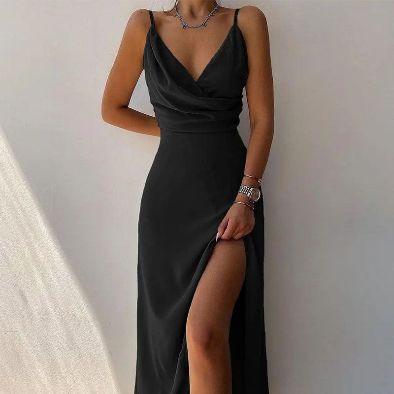 Robe longue à imprimé tropical avec col en V et fente