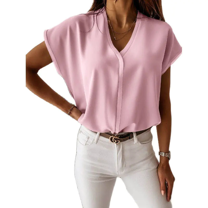 Women's Summer V Neck Chiffon Blouse T-shirt S-XL