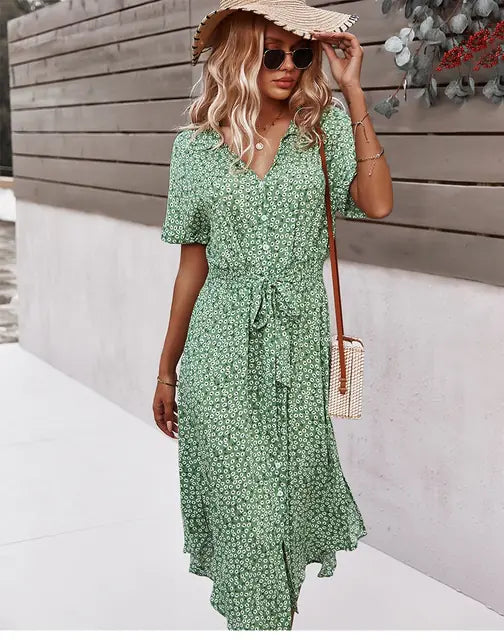 Robe mi-longue fleurie d'été à col en V pour femme