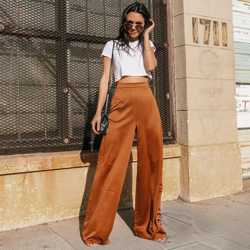 Pantalon large décontracté taille haute couleur camel