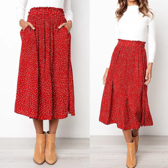 Jupe midi plissée à pois tendance avec poches