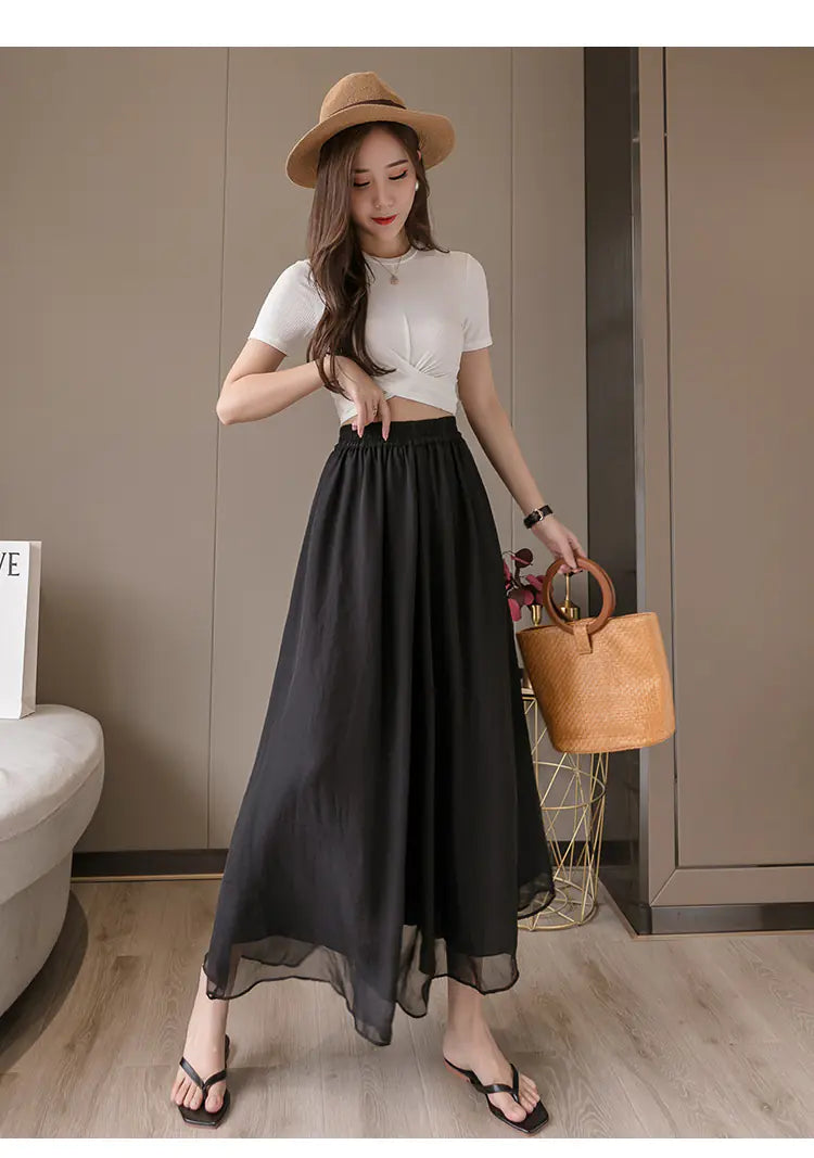 Pantalon large taille haute en mousseline pour femme