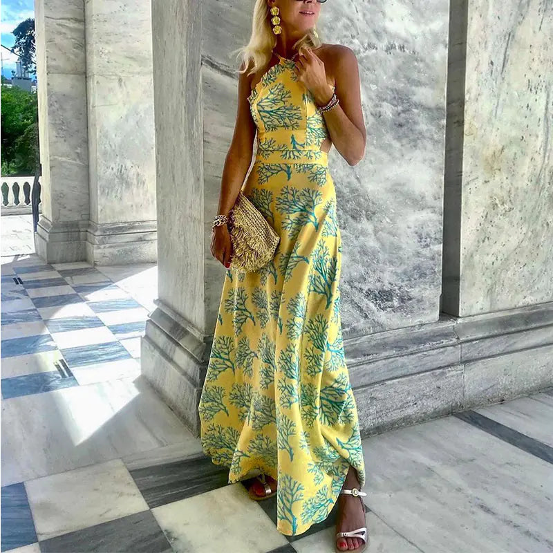 Robe midi imprimée dos nu pour femme